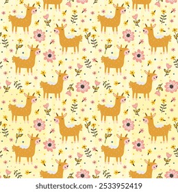 cute colorful deer and flowers cartoon seamless pattern with light yellow backgrounds. texture,vector illustration,Minimal Design for text,packaging, prints,fashion,fabric,wall decoration,wallpapers