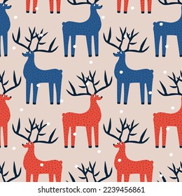 Cute colorful deers and snowflakes hand drawn vector illustration. Funny Christmas animal in flat style seamless pattern for kids fabric or wallpaper.