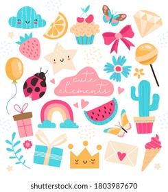 Cute colorful design elements for summertime and celebrations in pink, blue and yellow on white, colored vector illustration