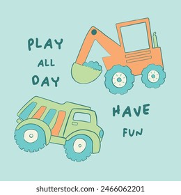 Cute and colorful digger and  Trucks Vector Illustration For Kids seamless slogans print pattern graphic tee design for kids market as vector