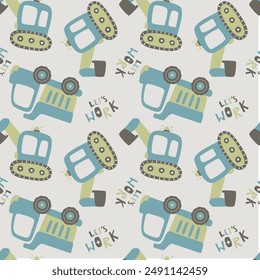 Cute and colorful digger and  Trucks Vector Illustration For Kids seamless slogans print pattern graphic tee design for kids market as vector
