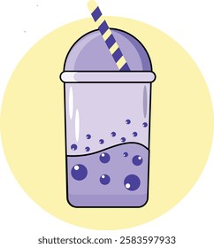 A cute and colorful digital illustration of a bubble tea (boba) drink in a transparent cup with a dome lid. The drink is a pastel purple shade, with dark purple tapioca pearls floating inside. 