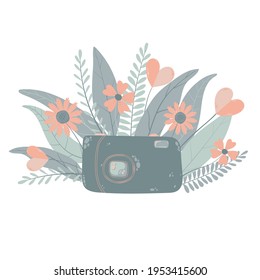 Cute colorful digital photo camera with fllowers in flat cartoon style. Vector hand drawn compact camera with floral illustration with pastels colors. Isolated on white background.