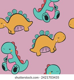 Cute colorful Dino dinosaurs print pattern graphic tee design for kids market as vector