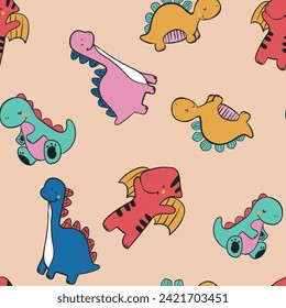 Cute colorful Dino dinosaurs print pattern graphic tee design for kids market as vector