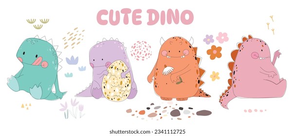 Cuidados dino colorido, los niños se acuestan en colores pastel, plantas, flores, manchas, grunge. Ilustración vectorial. Doodle