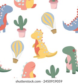 Cute Colorful Dinosaur Cartoon Seamless Pattern