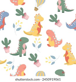 Cute Colorful Dinosaur Cartoon Seamless Pattern