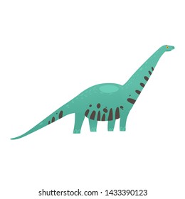 Cute colorful dinosaur long necked and stripesd skin cartoon flat illustration in childish style isolated on white background. The prehistorical animal or monster reptile icon.