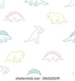 Cute colorful dinosaur outline hand drawn seamless pattern in doodle style on white background for fashion print, wallpaper, gift wrapping paper etc.