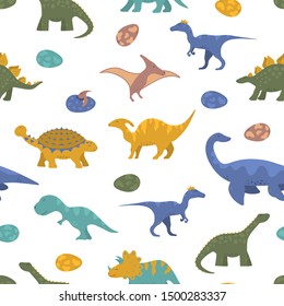 Cute colorful dinosaur seamless pattern for kids textile with raptor, rex and pterodactyl. Vector isolated dino wallpaper background. Boy t-shirt texture.