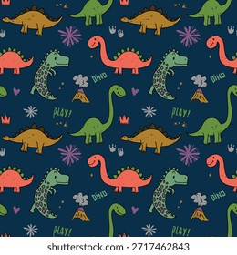 Cute Colorful Dinosaur Seamless Pattern on Dark Blue Background for Kids Clothing and Nursery Fabric