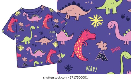 Cute Colorful Dinosaur Seamless Pattern on Purple Background for Kids Clothing and Nursery Fabric