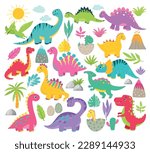 Cute colorful dinosaur set. Ancient world set. Illustrations of bright colors of dinosaurs of different nature. Dinosaur vector graphics. Isolated on white background.