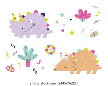 Cute colorful dinosaur set. Ancient world set. Illustrations of bright colors of dinosaurs of different nature. Dinosaur vector graphics. Isolated on white background.