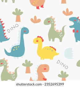 Cute and Colorful Dinosaur Vector Seamless Pattern