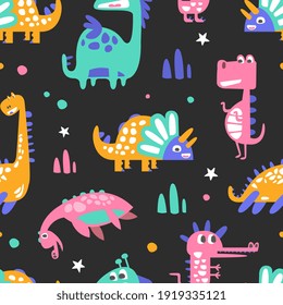 Cute Colorful Dinosaurs Abstract Seamless Background, Fabric, Wallpaper, Wrapping Paper, Textile, Background Design Vector Illustration