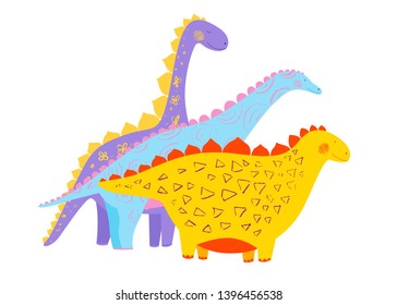 Cute colorful dinosaurs. Funny animals. Vector background. Hand drawn illustration. Character for kids. Pencil texture.