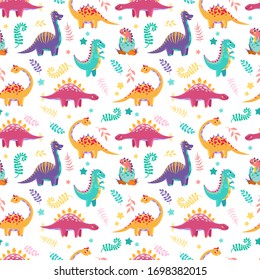 Cute colorful dinosaurs on a white background. Children's illustration, cartoon style. Seamless pattern.