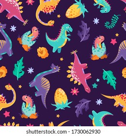 Cute colorful dinosaurs, prehistoric animals. Baby textile seamless pattern