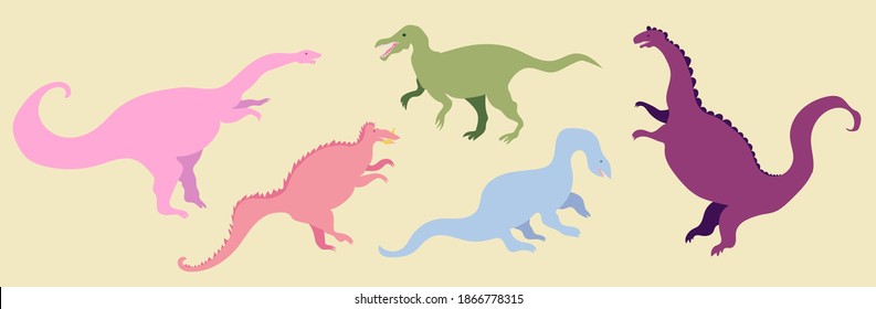 Cute colorful dinosaurs vector illustration set. Cool dinos, for kids, kawaii reptiles, velociraptor, brontosaurus. Greeting card, poster, stickers