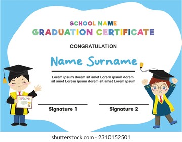 Cute and colorful diploma certificate template for preschool, kindergarten or primary school student. Children celebrating the graduation happily. Vector illustrations file.