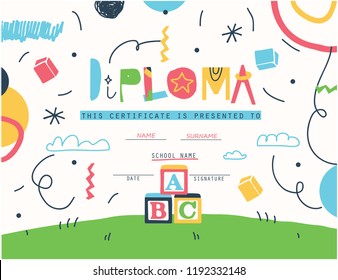 	
Cute colorful Diploma template for kids.Vector illustration. EPS 10.