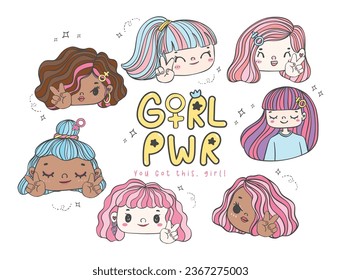 Cute and colorful diversity young girl cartoon characters collection, feminist symbol, empowered with the iconic Ok hand sign. This doodle element represents strength and positivity.