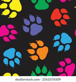 Cute Colorful dog paw prints with claws on black, seamless vector pattern background scrapbook