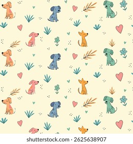 Cute Colorful Dogs Seamless Pattern – Hand Drawn Childlike Style