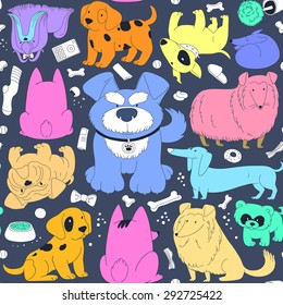 Cute Colorful Dogs. Seamless pattern background.
