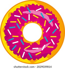 Ein süßer, bunter Donut mit rosafarbenem Eis und farbigem Pulver in Form von süßen Stöcken. Ein Donut einzeln auf weißem Hintergrund. Einfaches modernes Design. Realistische Vektorgrafik.