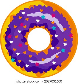 Ein süßer, bunter Donut mit violettem Eis und mehrfarbigem Pulver. Ein Donut einzeln auf weißem Hintergrund. Einfaches modernes Design. Realistische Vektorgrafik.