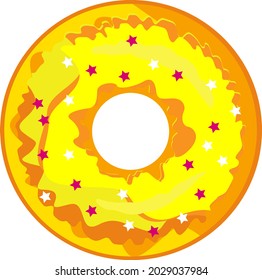 Frische, farbige Donut mit gelbem Glas und mehrfarbigem Pulver. Ein Donut einzeln auf weißem Hintergrund. Einfaches modernes Design. Realistische Vektorgrafik.