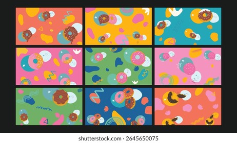 Cute and colorful donuts floating on playful abstract blobs and doodles. Great for kids products, confectionery, or joyful branding visuals.