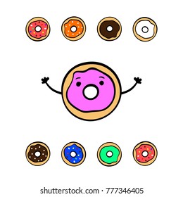 Cute colorful donuts on white background. Cartoon illustration