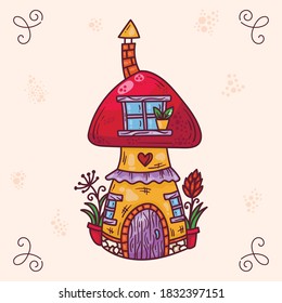 Cute colorful doodle cartoon mushroom fairy tale house vector illustration