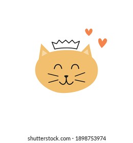 Cute colorful doodle cat princess face with outline crown and hearts in Scandinavian style isolted on white background. Great for baby shower.