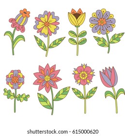 Cute colorful doodle flowers vector set/ Isolated easy to recolor. 