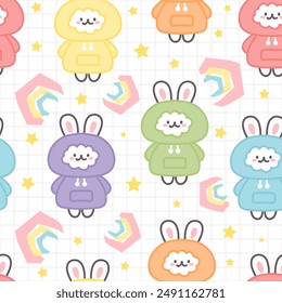 Cute colorful doodle han drawn bunny, greenn, yellow, violet, blue, pink hoodie, stars in the sky with rainbows. Kids seamless pattern background.