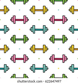 Cute colorful doodle, hand drawn dumbbells and dots seamless pattern background.