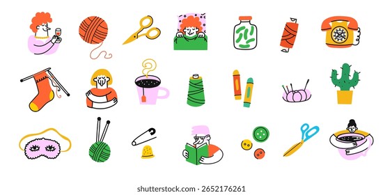 Ícones de doodle coloridos bonitos relacionados com artesanato, tricô, costura e estilo de vida acolhedor. Ilustração de vetor de estilo desenhado à mão com objetos criativos, pessoas e hobbies