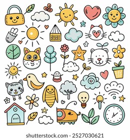 Cute and colorful doodle illustrations perfect for kids, crafts, and adding a touch of whimsy to your designs. Featuring adorable animals, flowers, and everyday objects.