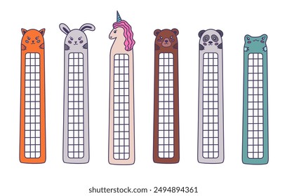 Cute colorful doodle kawaii bookmarks with place for notes with animal faces of cat, rabbit, frog, unicorn, panda, bear. Stationery for reading books. Back to school vector with hand drawn outline