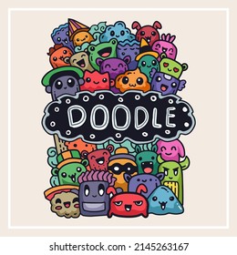 Cute colorful doodle monster having fun isolated on white background