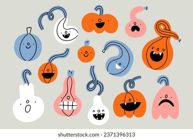 Cute and colorful doodle pumpkin characters of different shapes, cartoon vector Halloween illustrations set, isolated on gray