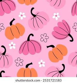 Cute colorful doodle pumpkins and flowers on pink background. Vector seamless pattern. Ideal for autumn decorations, cute seasonal designs, fabric prints, and festive fall-themed projects.