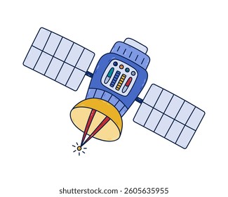 Cute colorful doodle of satellite flying in outer space in childish style. Hand drawn space probe for transferring signal, data, information. Outline spacecraft isolated on white background