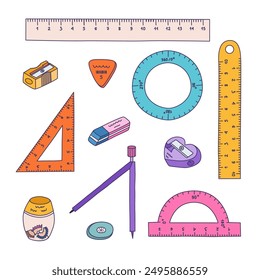 Cute colorful doodle set of back to school stationery. Collection of rulers, protractor, compass, erasers, sharpeners, pens. School supply for studying, drawing, working with hand drawn outline