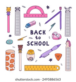 Cute colorful doodle set of back to school stationery with hand drawn outline. Collection of rulers, protractor, compass, erasers, sharpeners, pen, bookmarks. School supply for study, draw, work